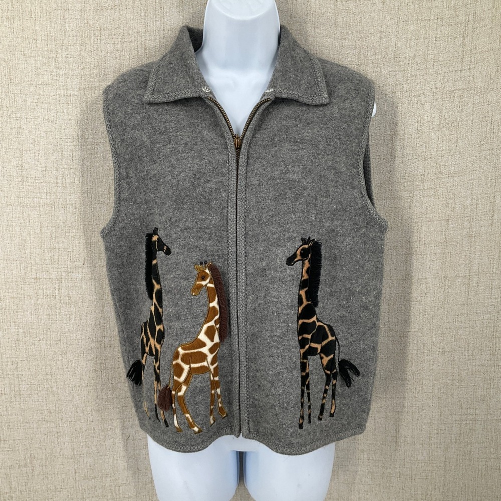 Lisa Vest Womens M Grey Boiled Wool Giraffe Embroidered Boho Zip Up Whimsical